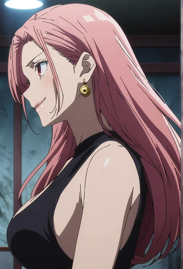 1girl, female sukuna, anime screencap from jujutsu kaisen, Sukuna female version, solo, long_hair, ((red eyes)) ((Pink_hair, hair parted from between)), night view, (hanging breasts) upper_body, smile, indoors, book, lips, (long hair) ((wearing black one piece, glossy)) breast, "very detailed and high resolution" (red eyes) ((solo)) (((front view))) (earings) ((high resolution)) ((good quality)) ((silky hair, hair slicled back from one side)) ((shy))