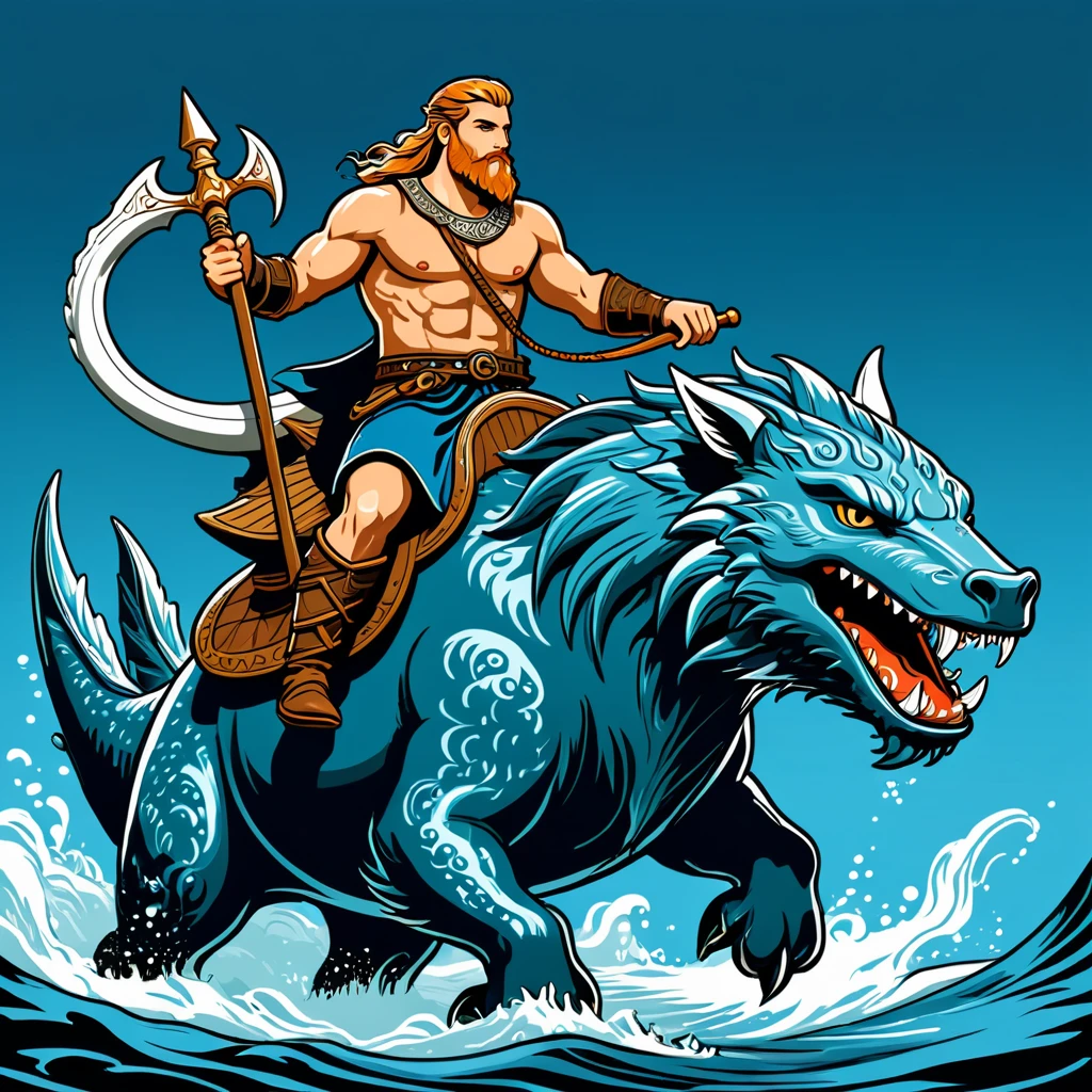 viking amazon in finn folk outfit, riding a water beast, vector graphics, strong contours