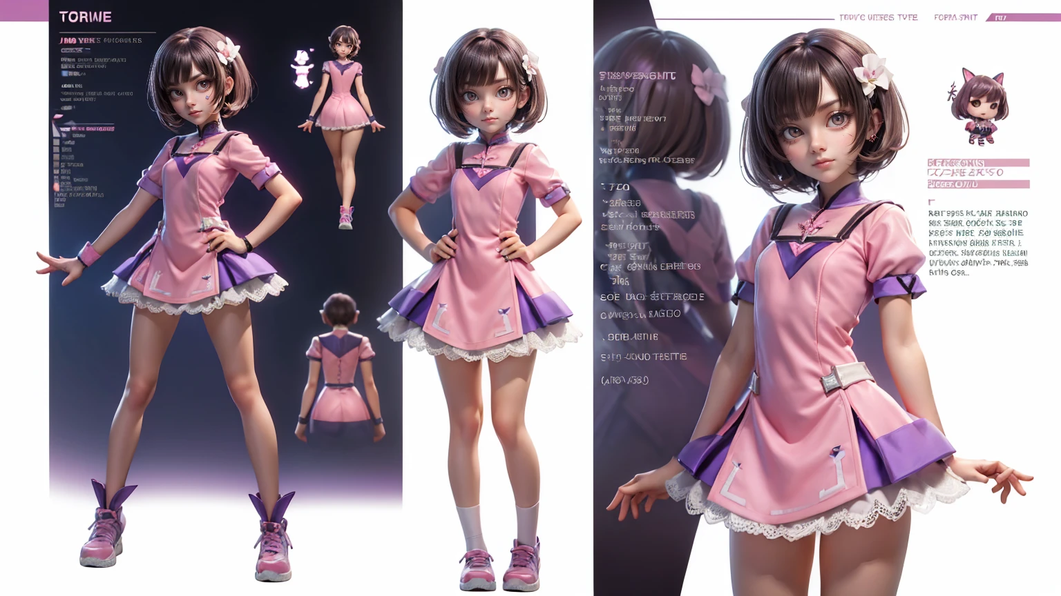 cute girl in a short gaming dress , short hairs, ,white dress, smiling face, short purple  dress full straight standing pose, 14yo student, Character Sheet, Full body, Simple white background, character reference sheet, Concept art, design sheet, HD, 4k