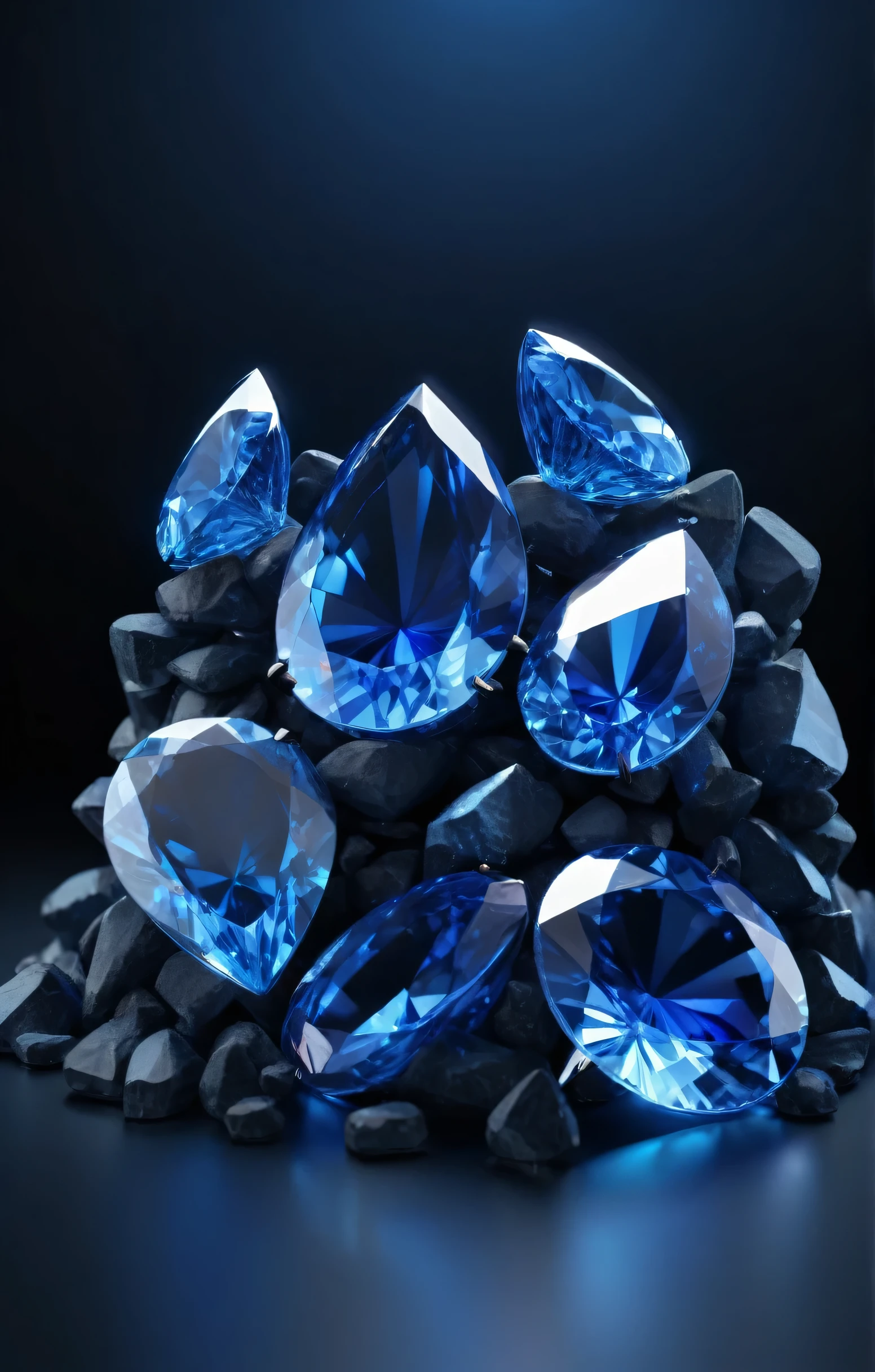 sapphires lie in a pile 3D icon on a black background, side view in blue light