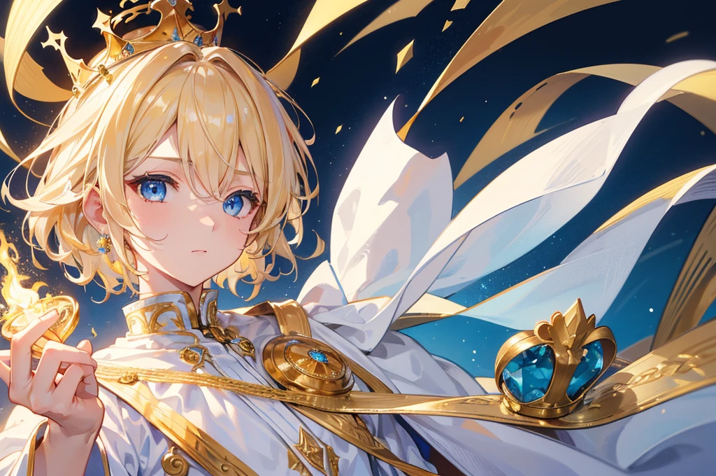 (Highest quality)　(4K)　(8k)　(High resolution)　(masterpiece:1.2)　(Super detailed)　One boy　short hair　Wizard　Blue Eyes　Long sleeve　Golden decoration　Hair between the eyes　White Dress　Wavy golden hair　Upper Body　(large crown)　(White Background)　front　Face close-up　Cast a spell