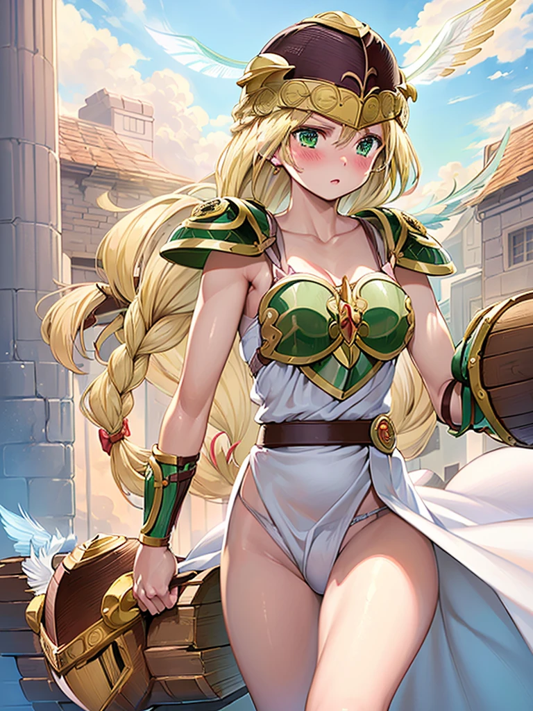 (masterpiece,best quality, 1girl, 18yo, beautiful girl:1.2),BREAK,(Armor:1.8),(Helmet with wings:1.7),(Beautiful blonde,braid,Green Eyes:1.5),BREAK,(White Dress,white panties:1.4),BREAK,(blush:1.5), (blue sky:1.2),(Running on clouds:1.3),(move chart:1.3),