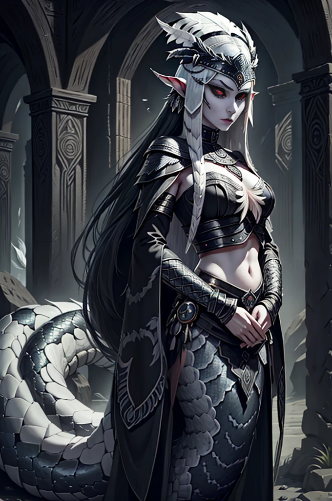 medieval fantasy, female ((lamia)), (black iris), (grey pulil), black snake tail, (long white hairs), ((very pale skin)), ((black feather headdress)), aztec, azt3ch