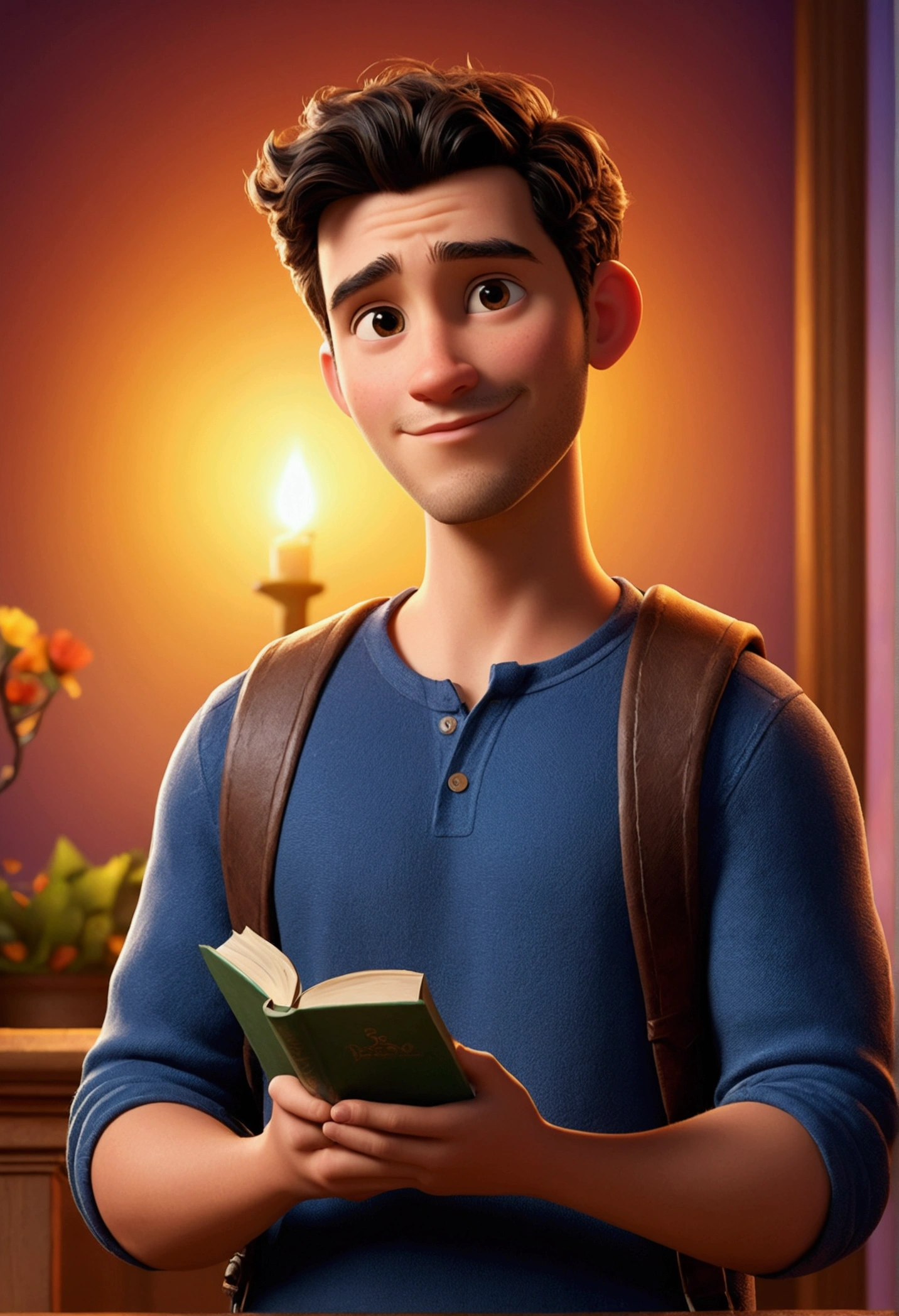 create an image in the style of the Disney Pixar 3D universe, he is a 24-year-old young man with dark hair, barba, works in evangelical church, talking about Jesus with the theme be light in someone&#39;s life