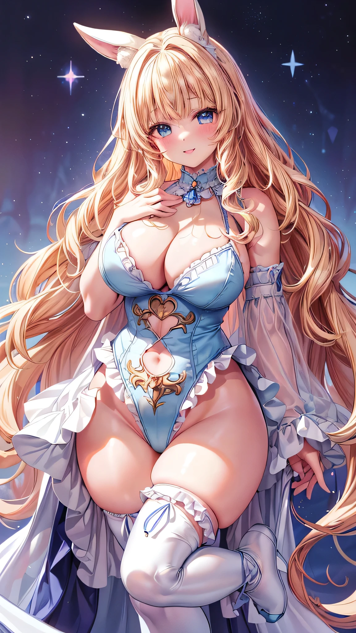 Very detailed、Highest quality、Best image quality、masterpiece、8k、Anime Face、A kind smile、universe、Lunar Surface、Sparkling Blue Eyes、(Blonde wavy hair:1.5)、(Soft body:1.3)、race、Frills、(High leg:2.0)、Thigh belt、(Cowboy Shot:1.5)、(SFW Giant)、(Thick body:1.2)、(good:1.5)、(SXSPNTS)、(Bunny ears)