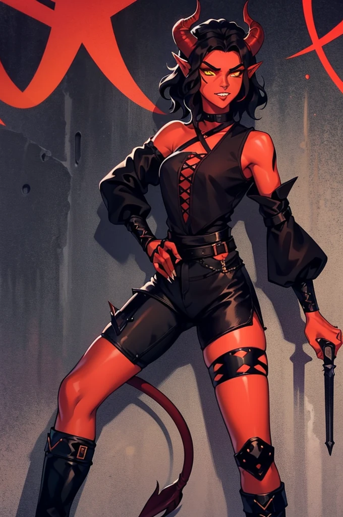 1 girl, tiflin, Redskin, yellow eyes, black sclera, pointy ears, red horns, short shoulder length wavy black hair, Sharp teeth, black sleeveless shirt, black shorts, black off shoulder sleeves, dishonest clothing, demon tail, black boots, dagger in hand, leaning on a wall, looks 25 years old