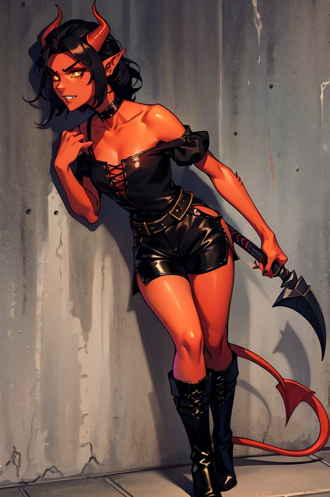 1 girl, tiflin, Redskin, yellow eyes, black sclera, pointy ears, red horns, short shoulder length wavy black hair, Sharp teeth, black sleeveless shirt, black shorts, black off shoulder sleeves, dishonest clothing, demon tail, black boots, dagger in hand, leaning on a wall, looks 25 years old