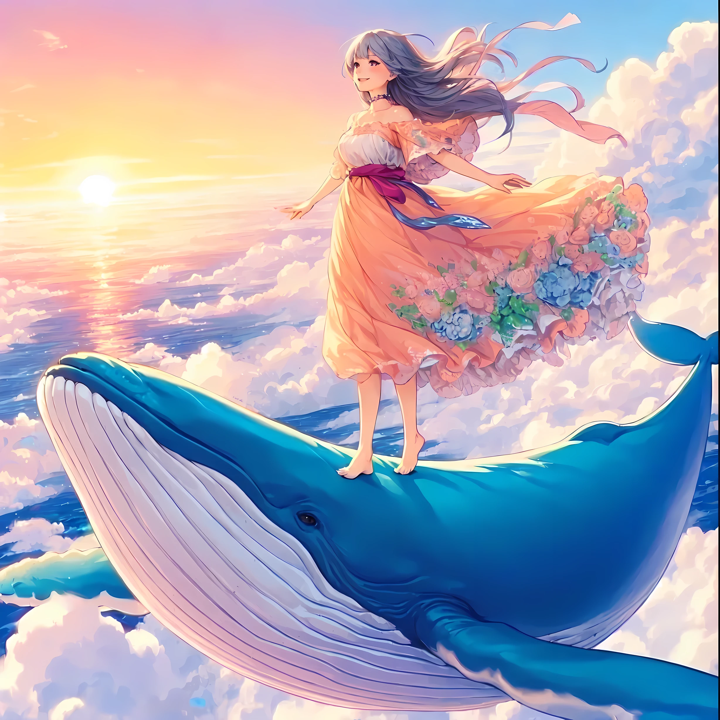 1lady solo, from side, (standing on whale's back), (arms spread wide), (elegant dress) (refreshing attire), (mature female:0.8), /(silver gray hair/) bangs, wind, light smile, (gazing into distance), (masterpiece best quality:1.2) delicate illustration ultra-detailed BREAK ((huge whale flying in the sky), (realistic whale) BREAK (vibrant sky) outdoors, (sea of clouds), at dusk, detailed background