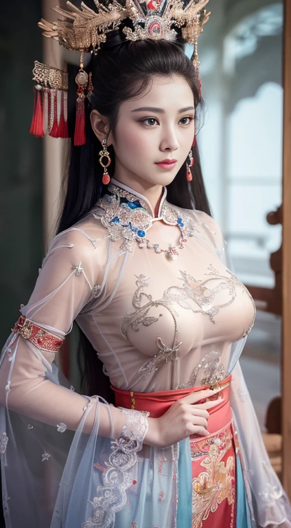 masterpiece, best quality, 1 girl, ((Large Breasts)， Long hair，(Transparent black silk)，(Breast position，With Chinese armor，With breast protection )，Looking at the audience, (precise、Perfect face shape:1.3)，（Beautiful fingers），(Crotch front display)，Ultra HD，Ray Tracing,，reflected light， Correct structure，The award-winning，High Detail，Reduce shadow contrast，Facial lighting ，Cinema Lighting，masterpiece，Super Detail，high quality，High Detail， best quality，16K，High contrast，Close-up of woman, A young woman plays, Chinese Empress, yun ling, song nan li, , gujian,  zhao yun, Chinese Princess