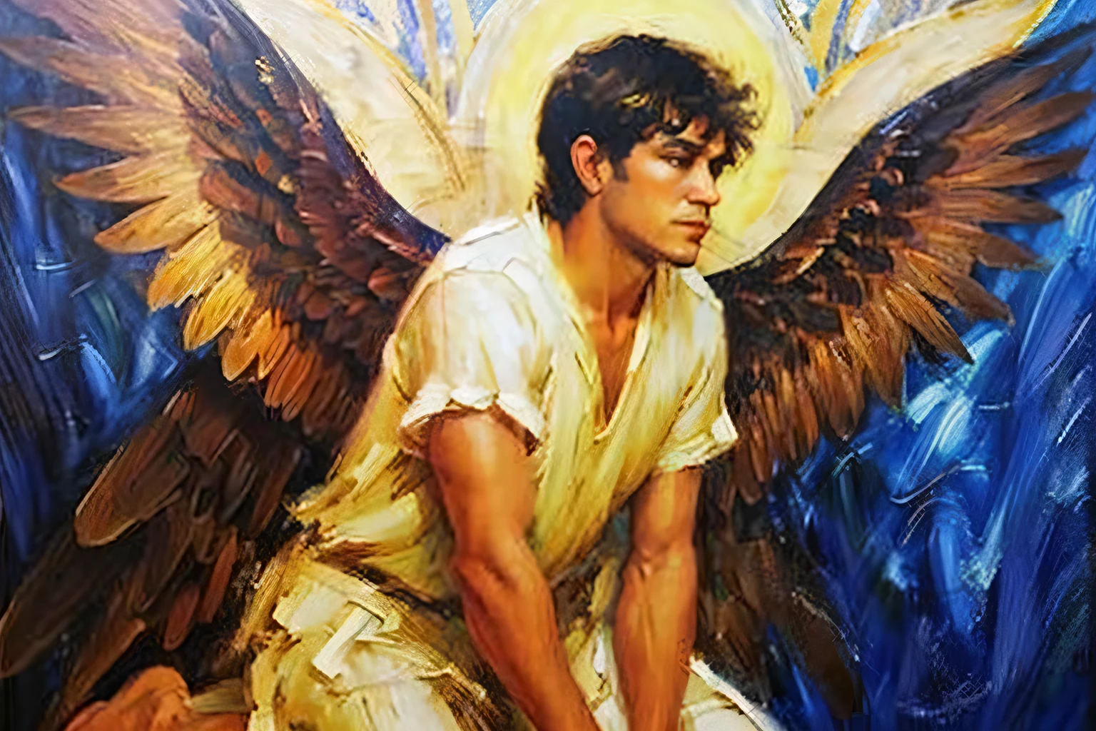 male angel with big whitee wings kneel with bright background, high detail, oil painting style