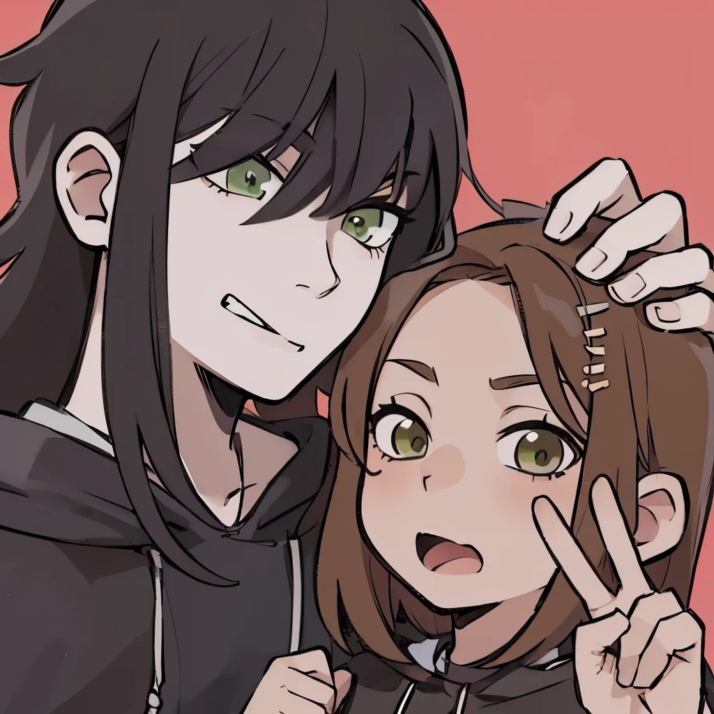 Anime style, chibi style, Couple, metalhead boy, Black long hair boy, green eyes, Brown haired girl, 