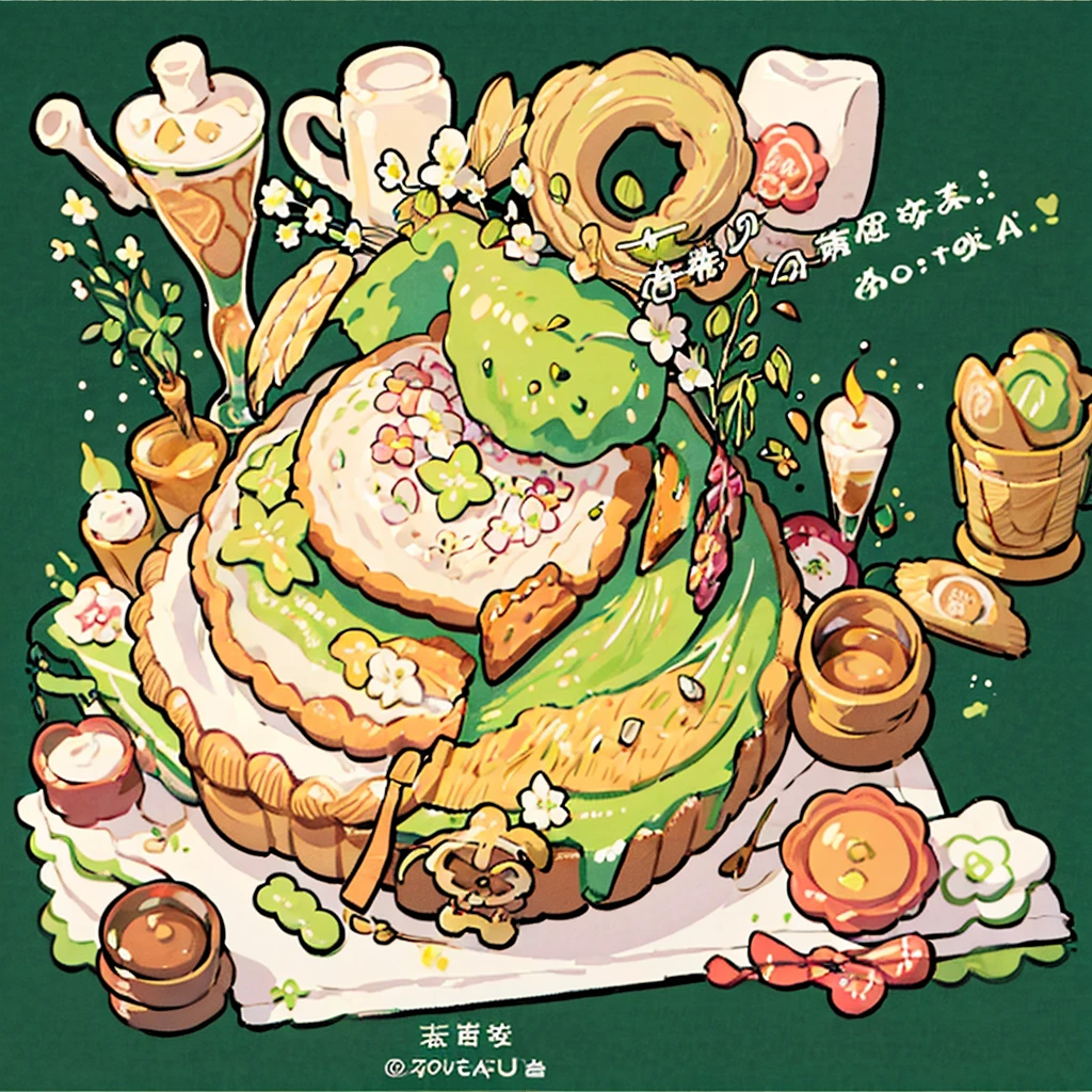 cute artstyle, matcha cake, milky, matcha green bread, bakery shop, theme, bread & cookies, green bread, paper bag filled with lots of bread , food menu list