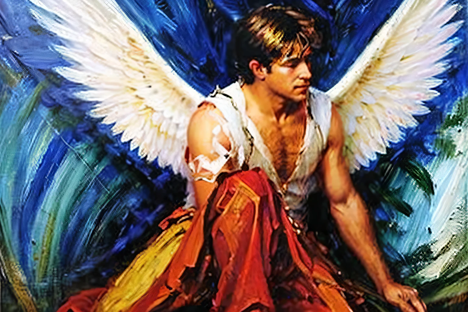 male angel with big whitee wings kneel with bright background, high detail, oil painting style