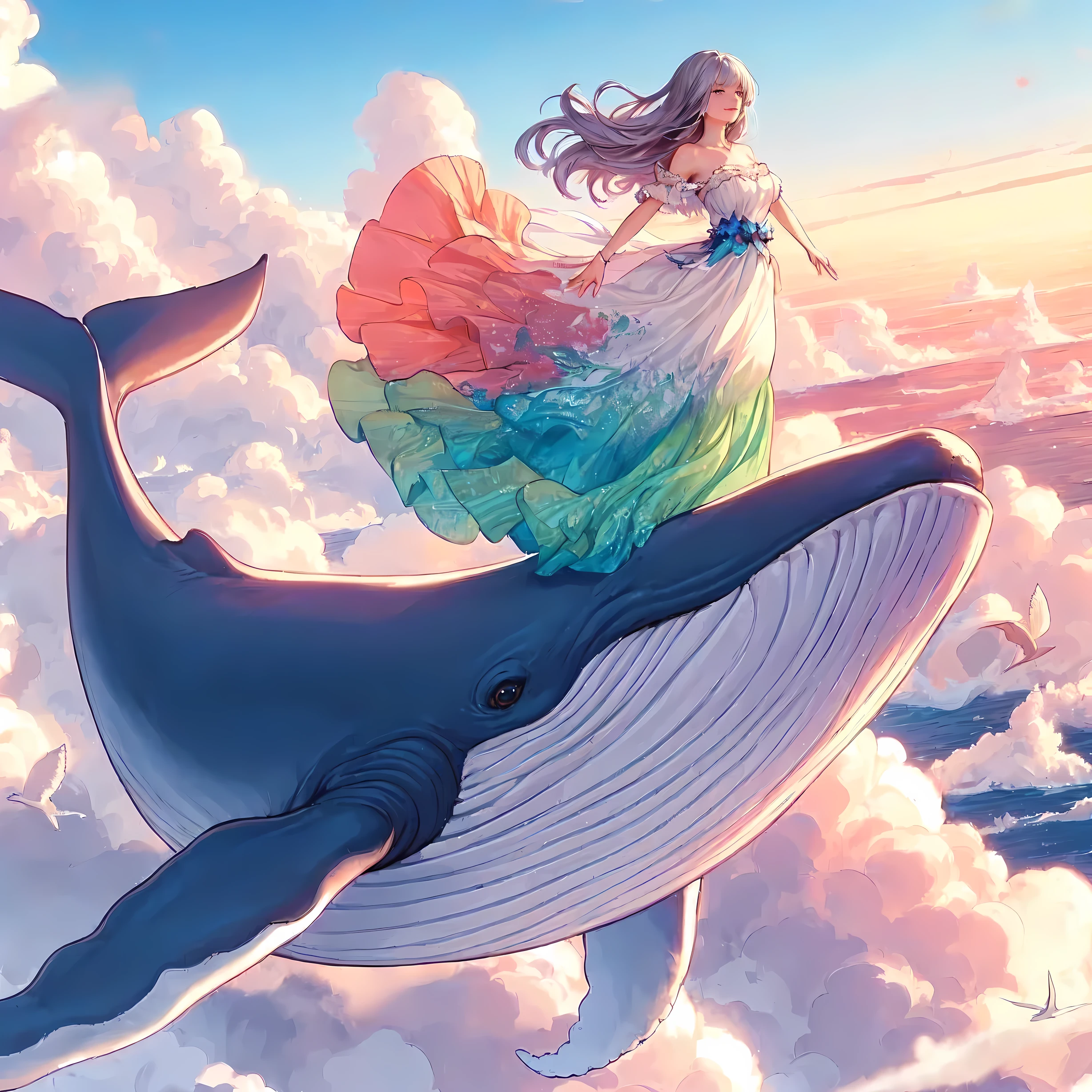 1lady solo, from side, (standing on whale's back), (arms spread wide), (elegant dress) (refreshing attire), (mature female:0.8), /(silver gray hair/) bangs, wind, light smile, (gazing into distance), (masterpiece best quality:1.2) delicate illustration ultra-detailed BREAK ((huge whale flying in the sky), (realistic whale) BREAK (vibrant sky) outdoors, (sea of clouds), at dusk, detailed background