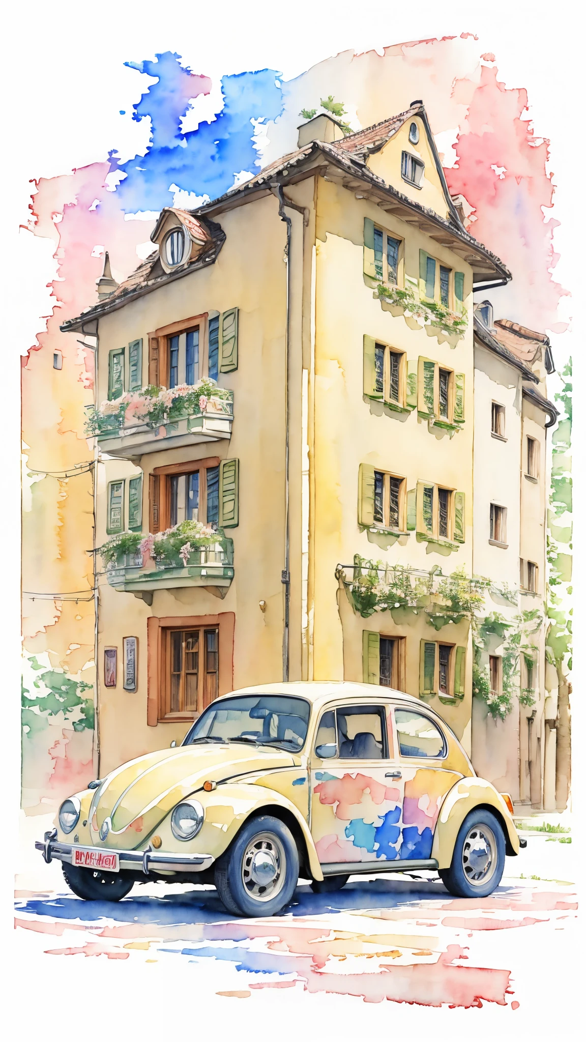 (masterpiece:1.2, Highest quality),(Very detailed),(((watercolor))),8k,wallpaper,Cream colored Volkswagen Beetle,Germany,(((Ghibli style)))