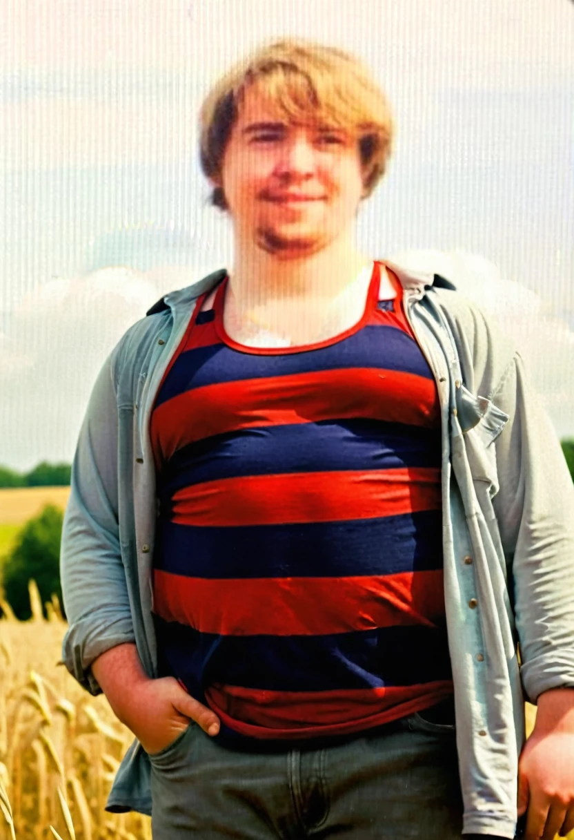 A man is standing in the field, he is shirtless, chubby, fat, he has a round belly, thick love handles,