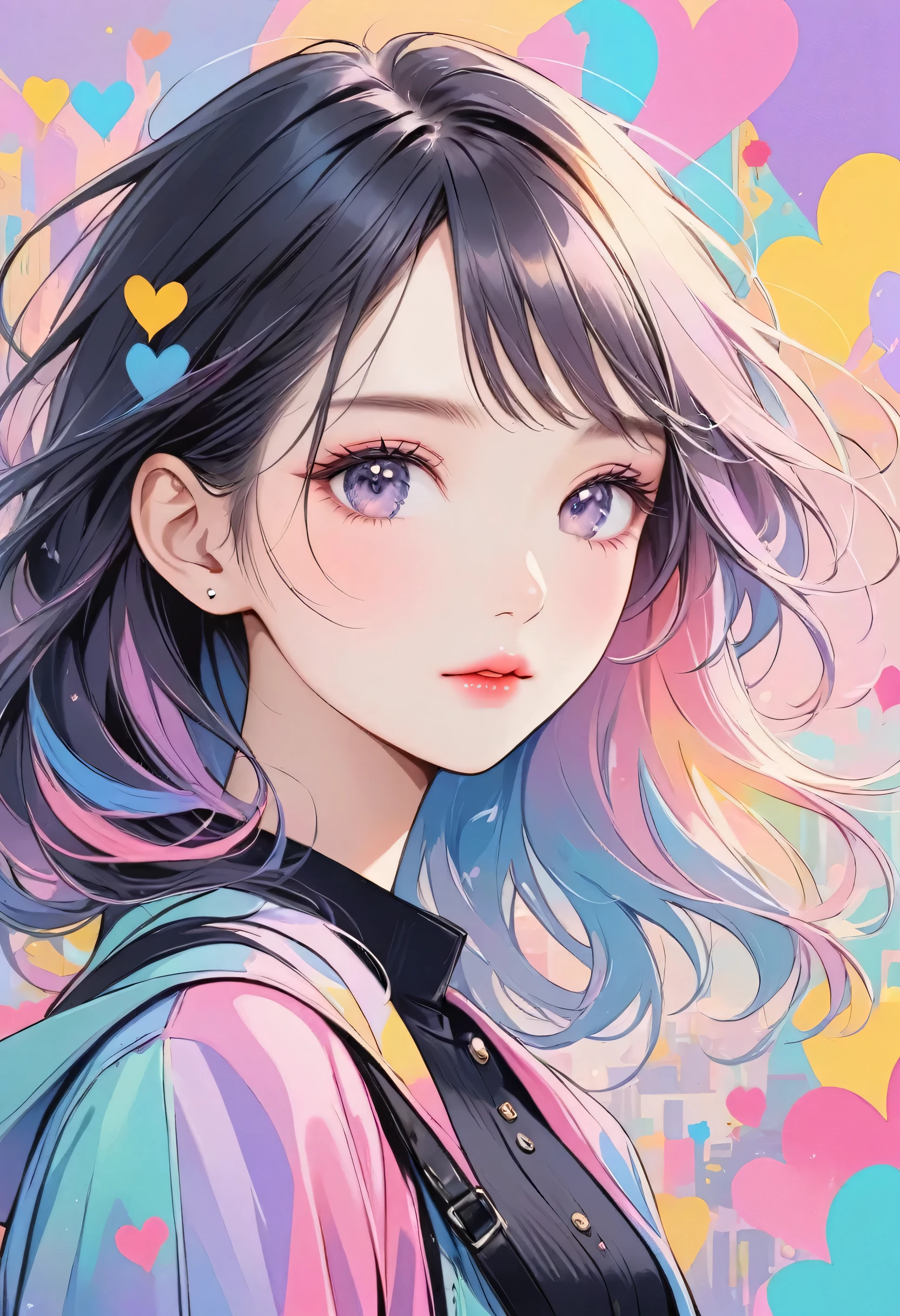 Black Star pastel color style, Simple Line Initialism,Abstract art,Urban Background, (((The most beautiful girl of all time))), Sweet face. Lips in love, colorful hearts, stylish design