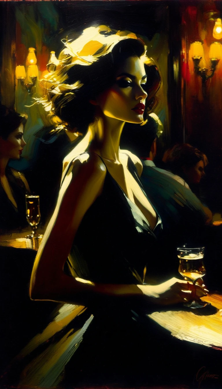 elegant and  in a pub between shadows, oil painting, chiaroscuro, sensual, dramatic lighting, moody atmosphere, dark and brooding, expressionistic, powerful composition, emotional impact, Bill Sienkiewicz inspired art 