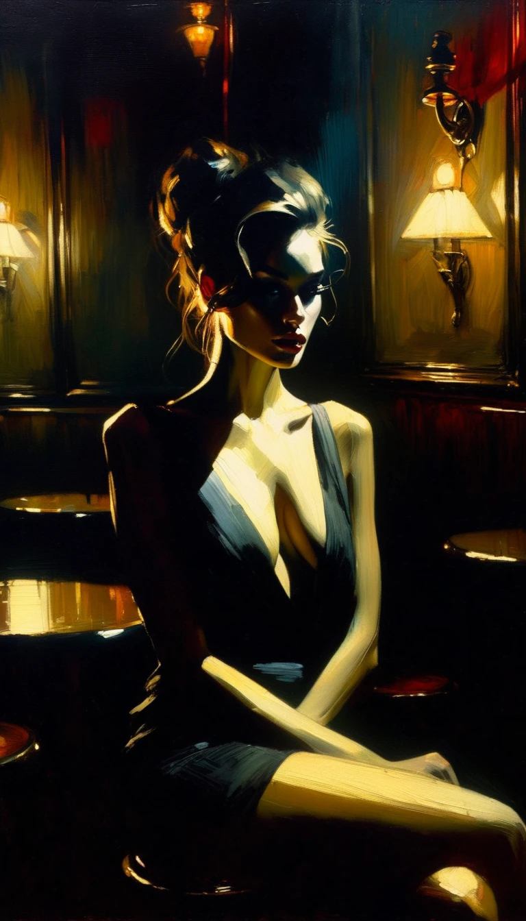 elegant and sexy girl in a pub between shadows, oil painting, chiaroscuro, sensual, dramatic lighting, moody atmosphere, dark and brooding, expressionistic, powerful composition, emotional impact, Bill Sienkiewicz inspired art , cleavage, sexy