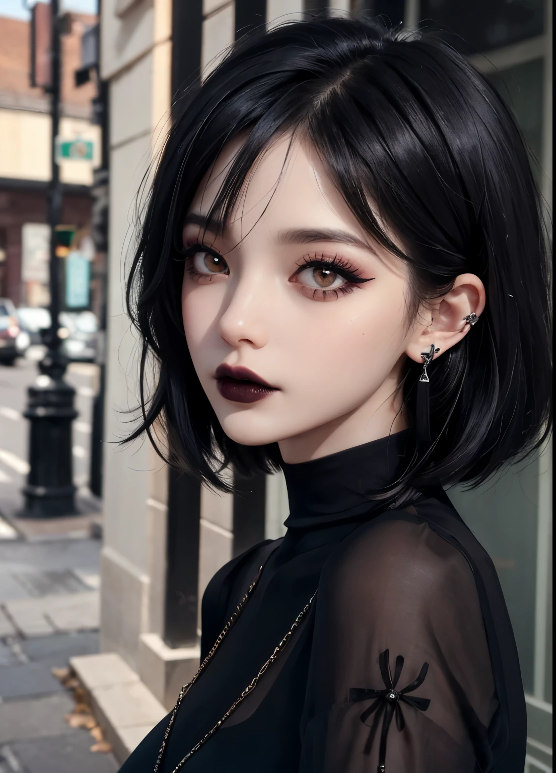 ((masterpiece)), ((best quality)), (detailed), perfect, 1girl, black hair, portrait, goth, goth makeup, mascara, eyeliner, black shirt, outdoors, earrings, short hair, bangs