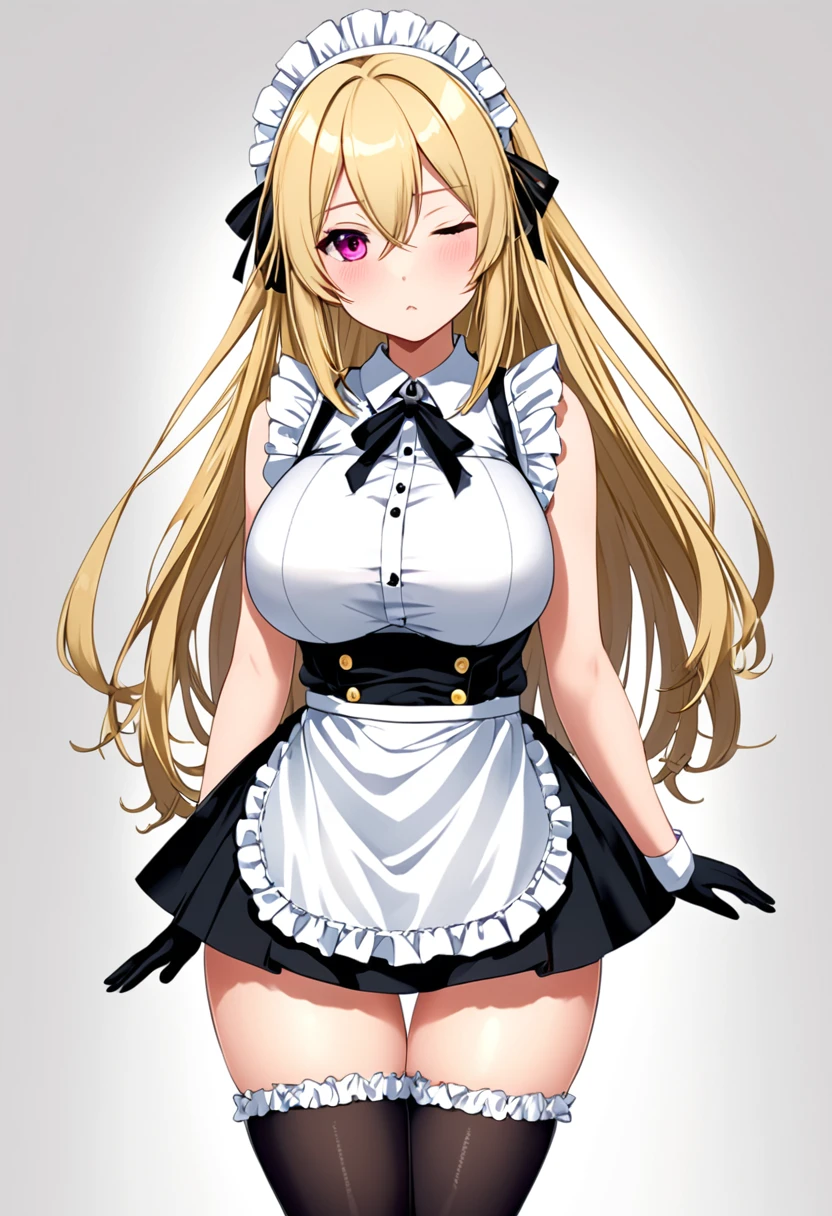 (One girl)、medium length hair、(sidelock)、((Blonde))、(slan eyes)、（boyish）、cute、(Big super breasts)、((Chubby))、Maid、No sleeve、mini skirt、White sleeveless、thigh-high socks thighhighs、(long gloves)、hairs between eyes、(coarse hair)、[flipped hair]、pink eye、expressionless、one eye closed、arm behind back、two side up、White Background、