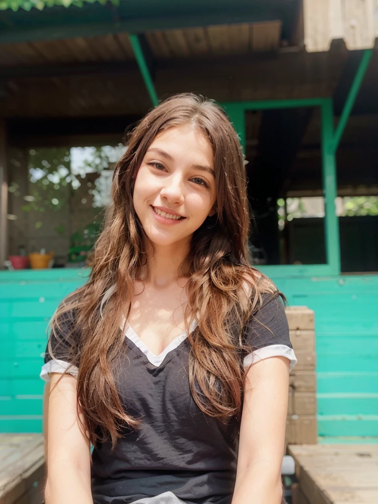 Smiling woman with long, wavy hair wearing a black V-neck T-shirt with white trim, sitting outside in front of a green wall and wooden building.