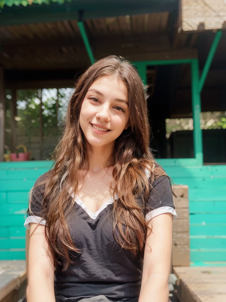Smiling woman with long, wavy hair wearing a black V-neck T-shirt with white trim, sitting outside in front of a green wall and wooden building.