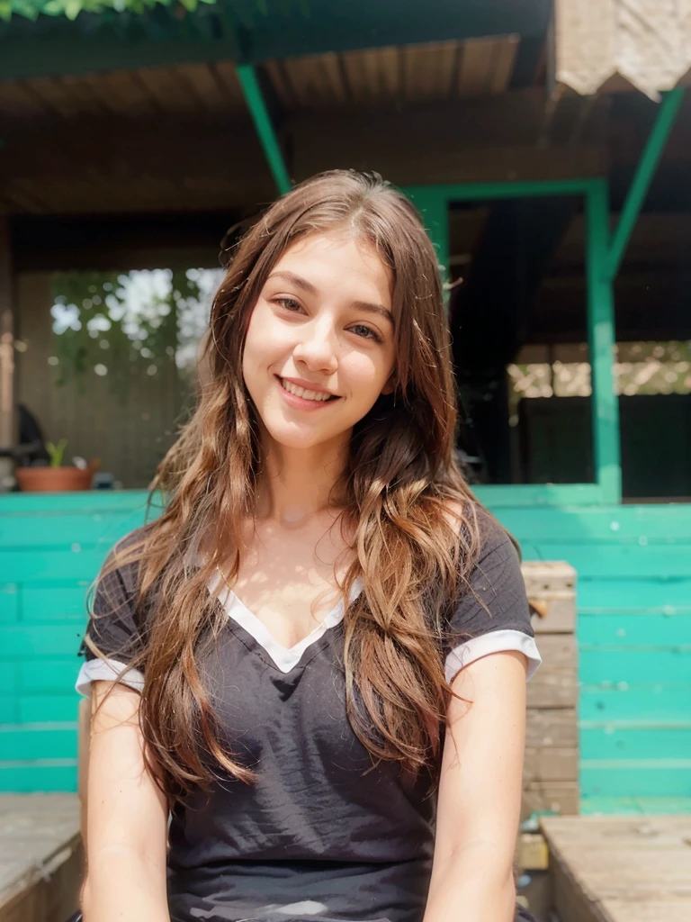 Smiling woman with long, wavy hair wearing a black V-neck T-shirt with white trim, sitting outside in front of a green wall and wooden building.