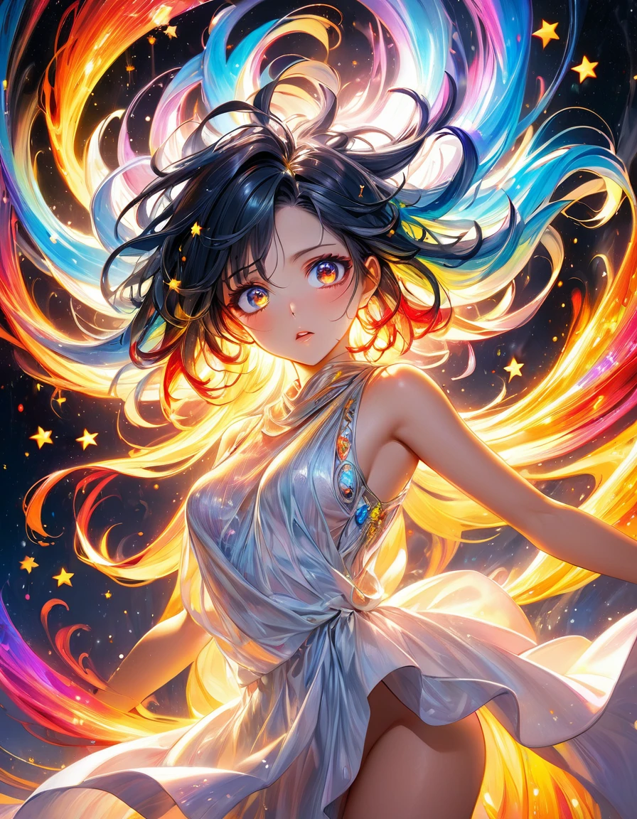 In a mesmerizing cascade of color and light, an enchanting anime girl super Sensual sexy hot all golden stars candroites viewers with her ethereal beauty. Her delicate features are framed by cascading locks of shimmering long white Black fire neon hair, her wide, expressive eyes big red radiating with emotion. A digital painting brings this stunning character to life, depicting her in intricate detail with a seamless blend of realism and fantasy. Every brushstroke and pixel showcases the artist's skill and dedication, making this image a