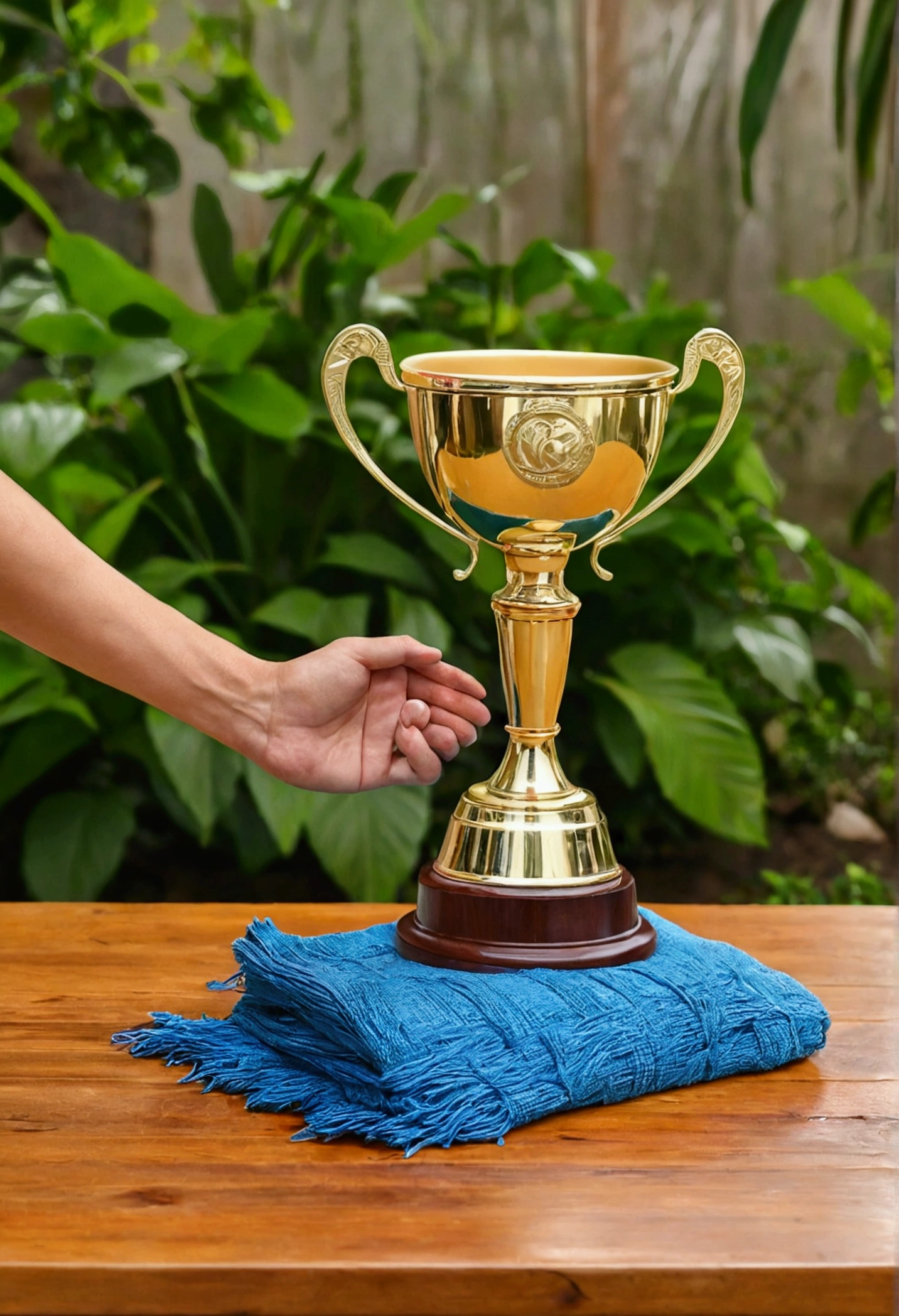 trophy passes cloth, passing a cloth, a cloth over the trophy, on top of a wooden table and in the background there is a garden, two hands mopping a trophy
