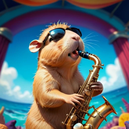 low angle, The photo shows a cute capybara wearing black sunglasses and playing the saxophone on a stage. psychedelic ocean background, the head is raised. The overall impression is humorous and adventurous. The intricate details of the mouse's fur, whiskers and claws are meticulously reproduced and make it appear lifelike.