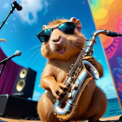 low angle, The photo shows a cute capybara wearing black sunglasses and playing the saxophone on a stage. psychedelic ocean background, the head is raised. The overall impression is humorous and adventurous. The intricate details of the mouse's fur, whiskers and claws are meticulously reproduced and make it appear lifelike.