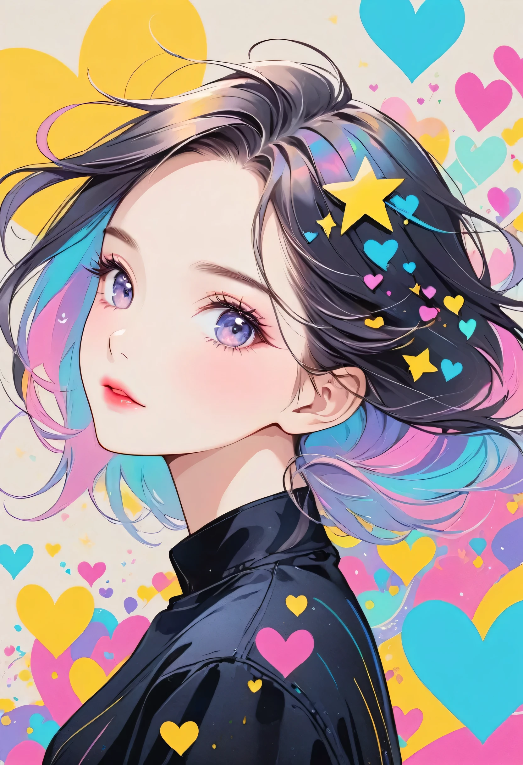 Black Star pastel color style, Simple Line Initialism,Abstract art,Urban Background, (((The most beautiful girl of all time))), Sweet face. Lips in love, colorful hearts, stylish design