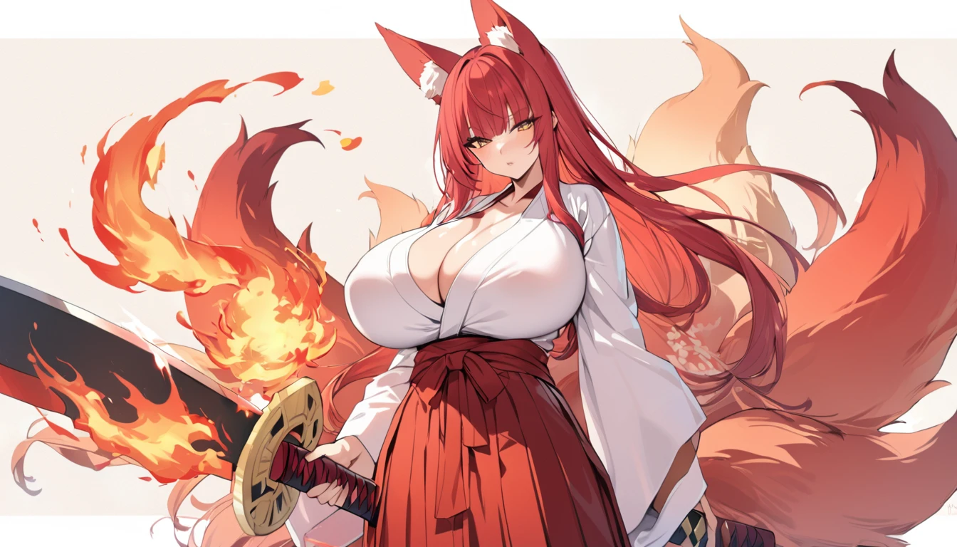 4K masterpiece High brightness crimson hair Very long ponytail Bangs down Mature woman Very large bust Huge breasts Exposed hakama Fox ears and nine fox tails of the same color as the hair Burning sword、Sword、He is wearing a five-fingered flame and is holding a Japanese sword.