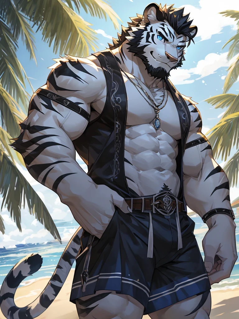 Masterpiece, Solo, Furry Black White Tiger, Blue Eyes, Medium Black Hair, Medium Black Facial Hair, Muscular Body, Cool Pose, Handsome, Good Looking, Adult, Fierce, Smirking, Summer outfit, summer background.