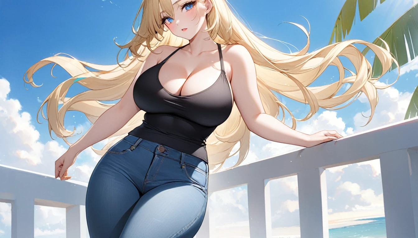 With silky blonde medium-long hair、Eye color is blue。
I was wearing a black tank top and skinny jeans, just like in the tropics.、The pure white, voluptuous cleavage of a beautiful white woman is revealed.