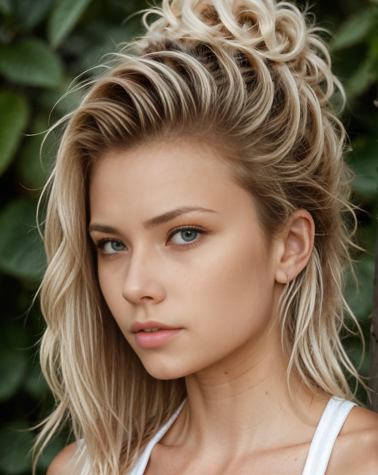 High resolution, portrait of an influencer standing, front looking at the camera, 30 year old beautiful woman. She doesn't smile. We need to see part of his bust. She has a very sexy and very refined face with Nordic and Albanian features. She has fair skin. Her hair is very blond and tied up. His face is clear. She has odd eyes (heterochromia). She has one blue eye and the other green. Its eyes are fascinating and very rare. The background is dark, which contrasts with her skin and hair. The lighting is soft and diffused, with no shadows on her face, highlighting the texture of her skin and the natural color of her hair. There is no text or logo visible in the image. 4K, UHD, ultra realistic image.