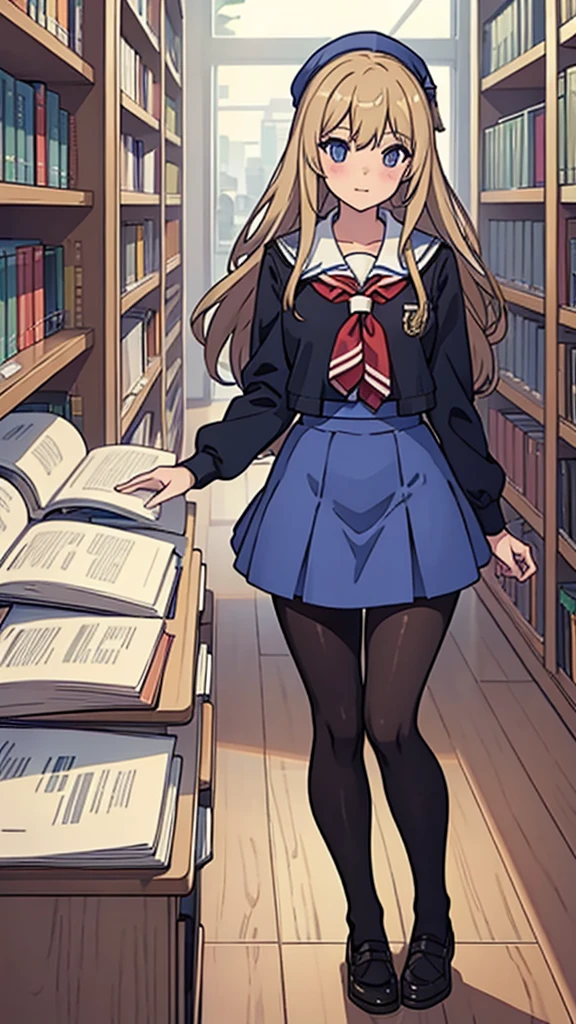 Landscape,Pantyhose,high school girl,whole body,library,