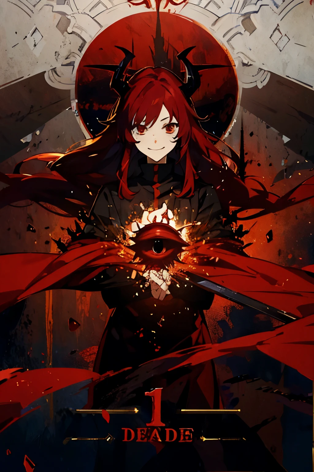 Mouth, eyeball, blood, red, male demon lord with long red hair, smiling, scary.