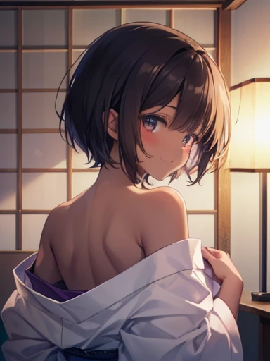 ((Highest quality, High resolution,  Pixel perfect,  4K)),  (Beautiful Anime Girls), Written boundary depth、
View your viewers, 


short hair, Baby Face、Detailed eyes、Round face、He is short、
 
Black Hair、(Brown Skin:1.3)、

White kimono, 
From behind, 
Off the shoulder, Scapula, 

Upper Body、

smile、blush、

tatami、night、