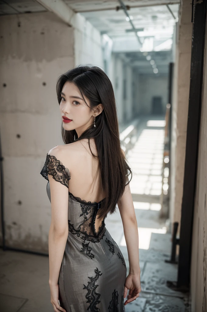(((best quality))),(((ultra detailed))),(((masterpiece))),illustration,((1 beautiful girl,solo)),((slim,thin)),((bare back,towering hips,butt crack)),(shoulder length straight hair:1.2),summer afternoon,((unfinished concrete room,alluring,gray walls)),(short sleeves:1.2),(black lace dress:1.3),seductive,elegant,full bosom,fair skin,golden strands,delicate features,deep brown eyes,mischief,mystery,enchanting smile,vibrant red lips,serene beauty,self-assuredness,industrial ambiance,raw cement walls,exposed pipes,sexuality,allure,refined beauty,compelling visual narrative,seductive gaze,elegant posture,industrial backdrop,lasting impression,((standing,from back,upper body))