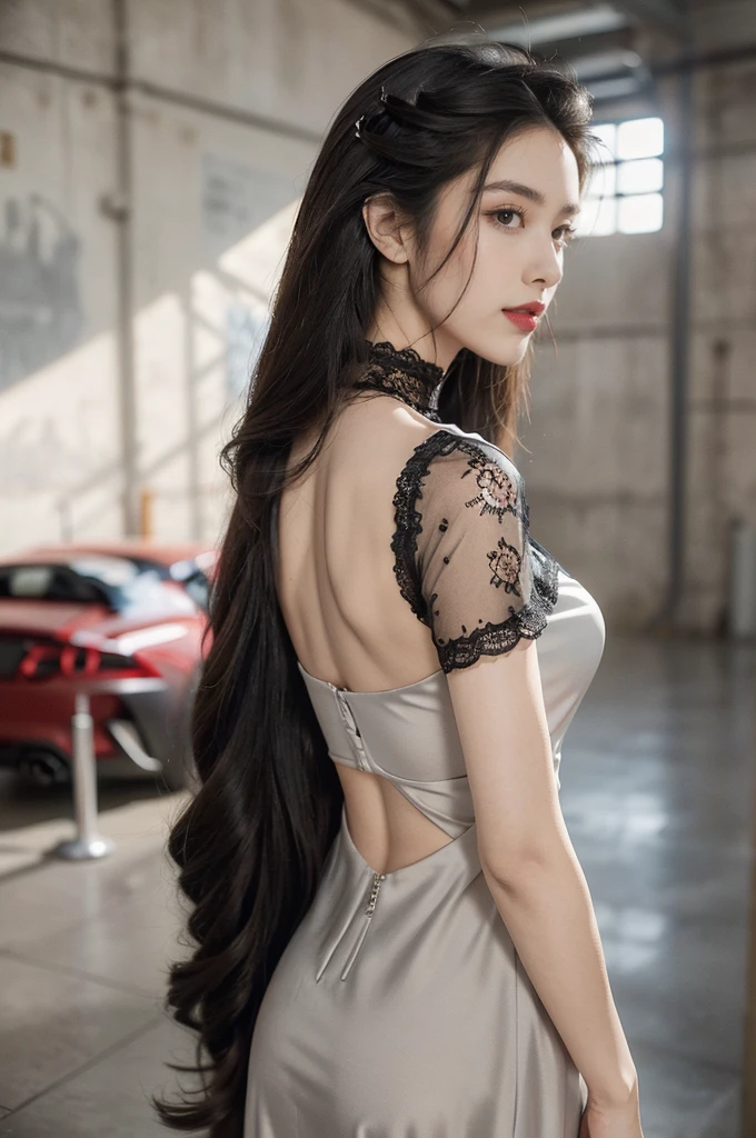(((best quality))),(((ultra detailed))),(((masterpiece))),illustration,((1 beautiful girl,solo)),((slim,thin)),((bare back,towering hips,butt crack)),(shoulder length straight hair:1.2),summer afternoon,((unfinished concrete room,alluring,gray walls)),(short sleeves:1.2),(black lace dress:1.3),seductive,elegant,full bosom,fair skin,golden strands,delicate features,deep brown eyes,mischief,mystery,enchanting smile,vibrant red lips,serene beauty,self-assuredness,industrial ambiance,raw cement walls,exposed pipes,sexuality,allure,refined beauty,compelling visual narrative,seductive gaze,elegant posture,industrial backdrop,lasting impression,((standing,from back,upper body))