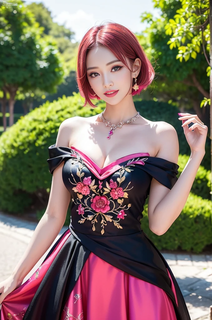 (masterpiece:1.4), (best quality:1.4), ultra high res, ultra high resolution, ((detailed facial features)), HDR, (realistic, photorealistic, photo-realistic:1.37), full body Esbian, sexy Vietnamese model, (-anime), vivid colors, ((vivid colors multicolor (red, pink) very short hair)), (happy smile), lip-gloss, long lashes, ultra detailed metallic makeup, defined eyebrows, wearing large sparkling colorful jewelery, wearing a red silk Paradise Kiss cosplay dress with black floral embroidery, ((vivid colors outfit)), vivid colors, look at the camera, cinematic light, large park background with trees, sweet and sexy pose