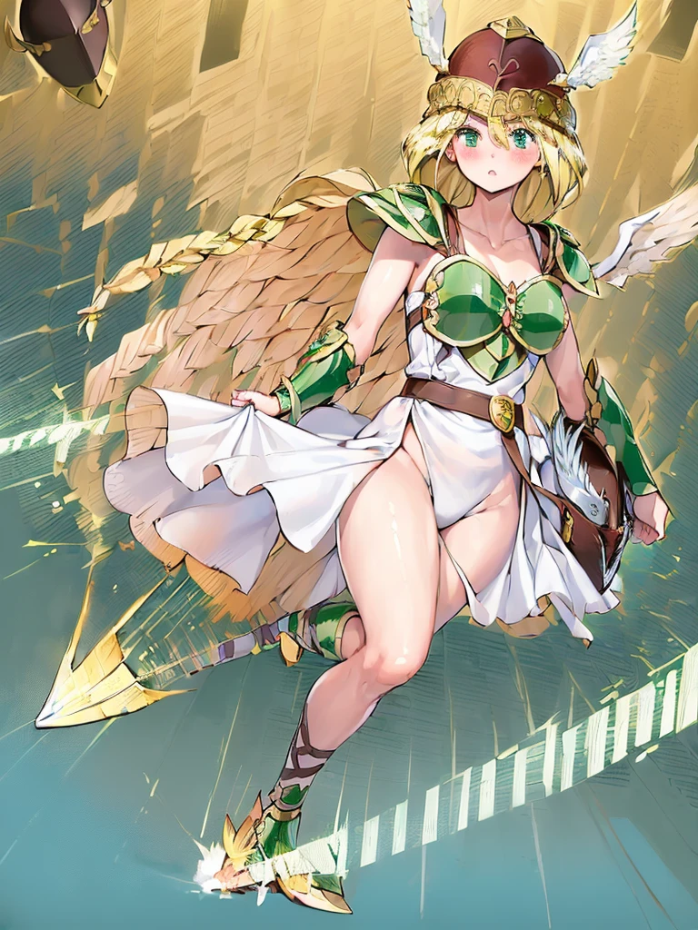 (masterpiece,best quality, 1girl, 18yo, beautiful girl:1.5),BREAK,(Armor:1.8),(Helmet with wings:1.7),(Beautiful blonde,braid,Green Eyes:1.5),BREAK,(White Dress,white panties:1.4),(She lifts her skirt to show her panties:1.4),BREAK,(blush:1.5), (blue sky:1.2),(Running on clouds:1.3),(move chart:1.3),