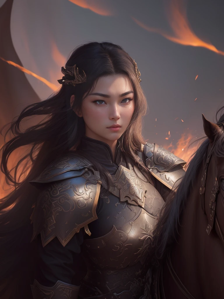 (a close up of a woman in armor riding a horse), zhao yun, mongol, genghis khan, xianxia hero, guan yu, naranbaatar ganbold, persian warrior, photo of genghis khan, inspired by Fan Kuan, inspired by Huang Shen, inspired by Cao Zhibai, inspired by Zhao Yuan, , Highly detailed CG unit 8k wallpaper, masterpiece, High resolution, highest quality, highest quality real texture skin, Super Real, Digital Painting, Best image quality, 最High resolution, 8k, (((Highly detailed eyes and face, Beautiful eyes every detail))), disproportionate breasts, huge breasts, sagging breasts, gigantic breasts, black hair,