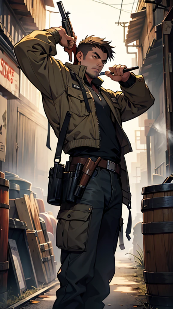 A hunter holds a shotgun in his hand, pointing the gun forward and smoke coming out of the barrel.