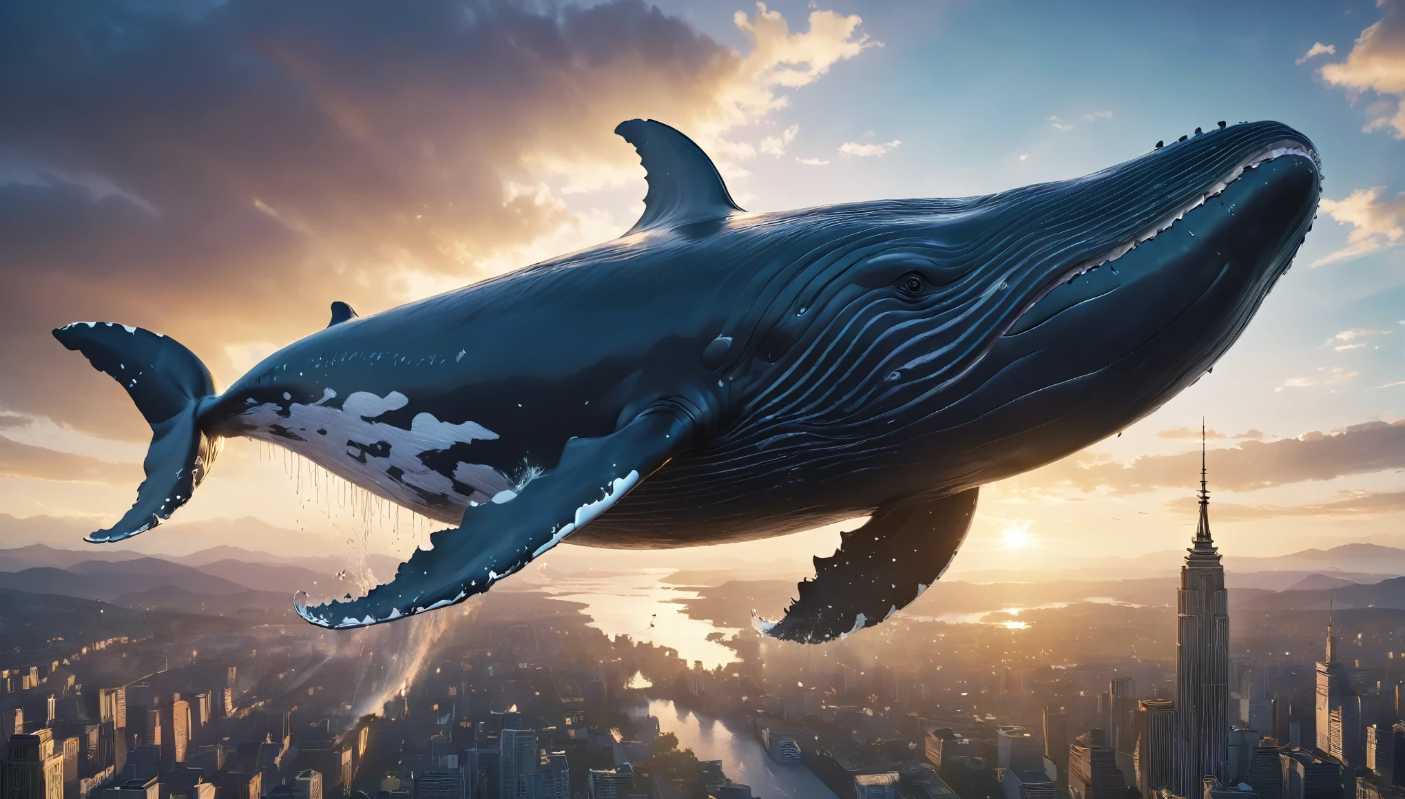 A large whale flying gracefully through the sky、Cinematic and dramatic lighting、Exquisitely drawn features、Complex feathery, wing-like appendages、The shining, mystical energy emanating from the whale、Dramatic cloudy skies、Golden Hour Lighting、The cityscape spreading out below, Cinematic depth of field、high altitude flight, Vibrant colors、Very sophisticated、(Highest quality、4K、8k、High resolution、masterpiece:1.2)、Ultra-compact、(Real、Photorealistic、Photorealistic:1.37)