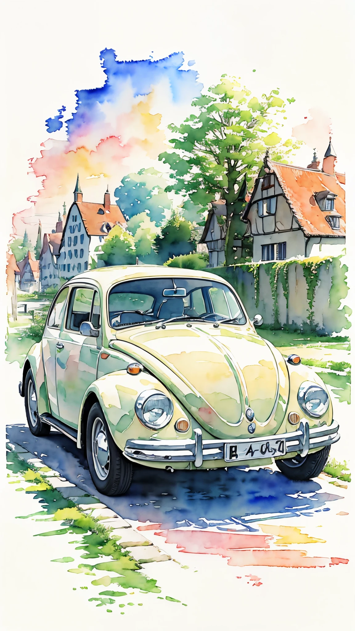 (masterpiece:1.2, Highest quality),(Very detailed),((watercolor)),8k,wallpaper,Cream colored Volkswagen Beetle,Germany,(((Ghibli style)))