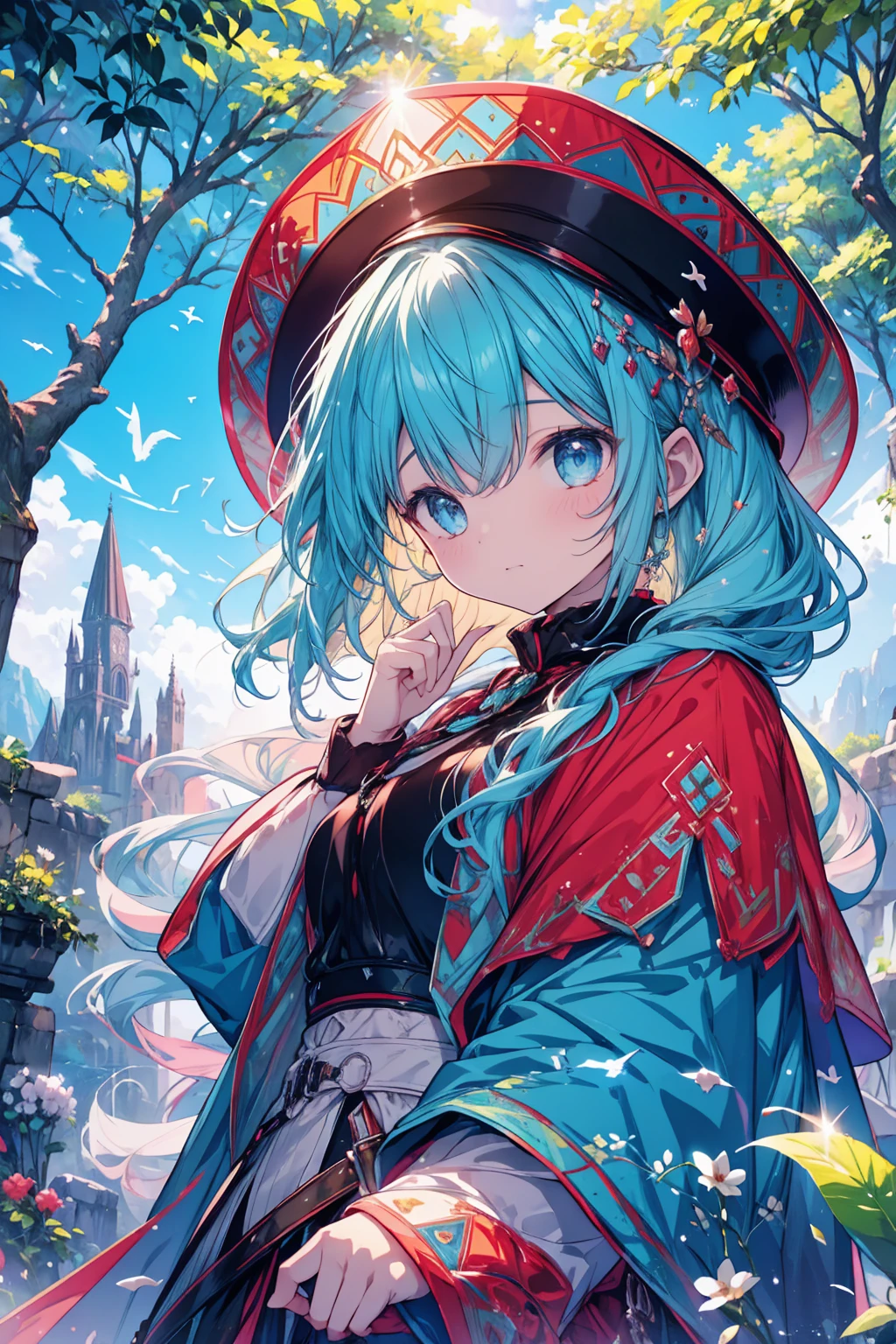 clear blue sky and underneath a large valley mountain with flower colorful color blue red green purple yellow and fantasy world medieval mega-building, rocks, tree branches, fallen leaves, birds, The scene is depicted in a highly saturated and vibrant style, intense and rich colors vivid, rendered with strong exaggerated colors, The sky above is clear blue sky, The atmosphere is full of magical color films, High Detail.
