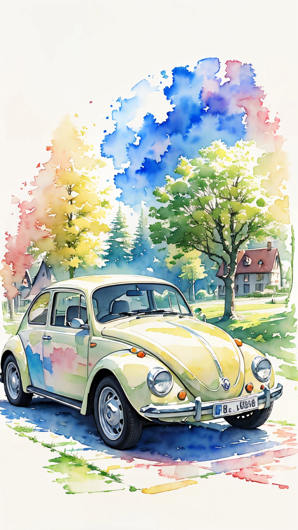 (masterpiece:1.2, Highest quality),(Very detailed),((watercolor)),8k,wallpaper,Cream colored Volkswagen Beetle,Germany,(((Ghibli style)))